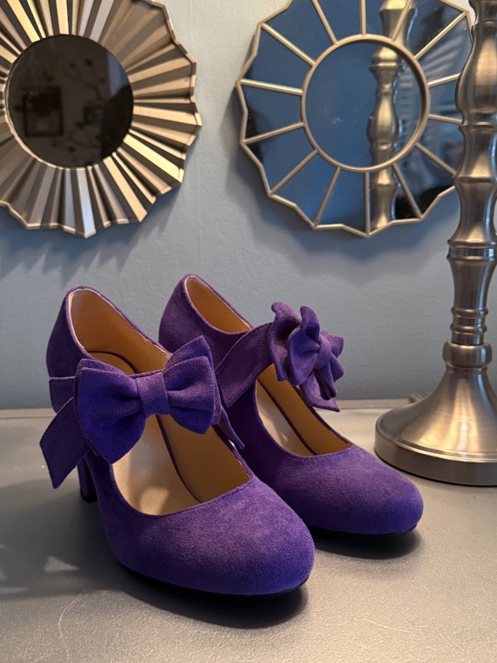 New Purple Size 8 Faux Suede Bow 3.5" Mary Jane Heel Vintage Inspo Staement Pump